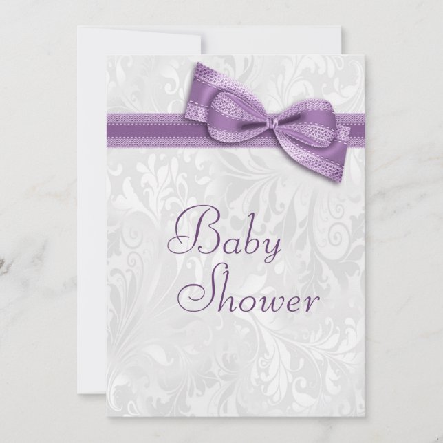 Baby Shower White Damask and Faux Purple Bow Invitation (Front)