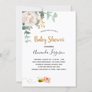 Baby Shower white floral greenery bee Invitation