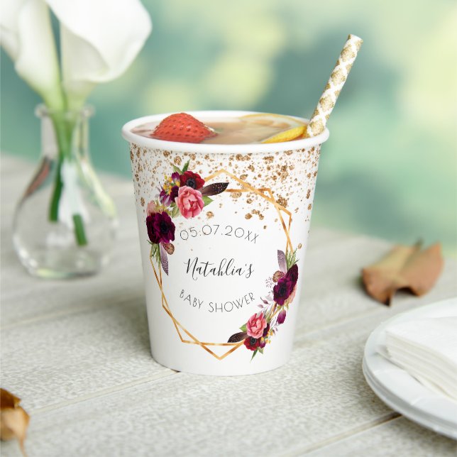 Baby Shower white gold burgundy florals glitter Paper Cups (Insitu)