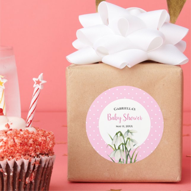 Baby Shower White Snow Drops Pink Polka Dots Classic Round Sticker (Party)