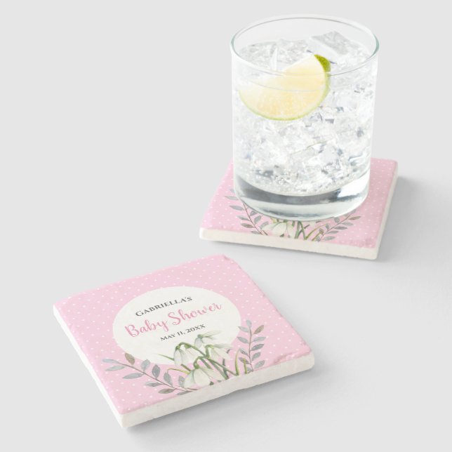 Baby Shower White Snow Drops Pink Polka Dots Stone Coaster (Side)