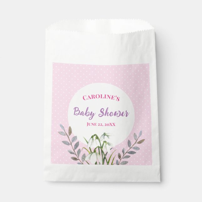 Baby Shower White Snowdrops Pink Polka Dots Favour Bags (Front)