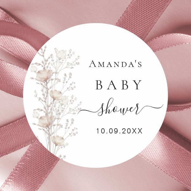 Baby Shower wildflower bloom beige Classic Round Sticker (Creator Uploaded)