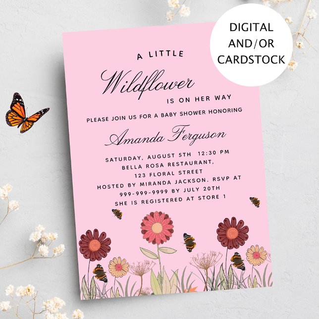 Baby Shower wildflowers butterfly pink retro Invitation (Creator Uploaded)