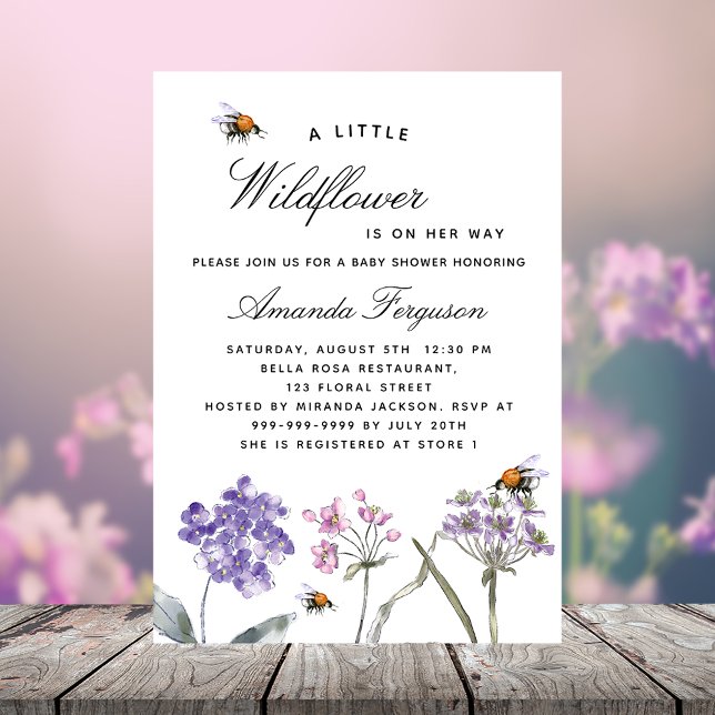 Baby Shower wildflowers violet pink bees girl Invitation Postcard (Creator Uploaded)