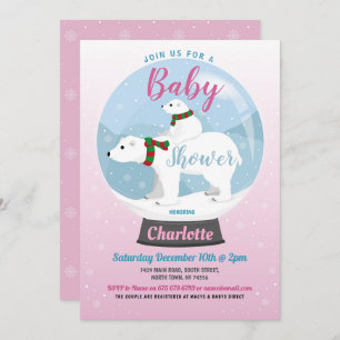 Baby Shower Winter Polar Bears Snow Globe Pink Invitation