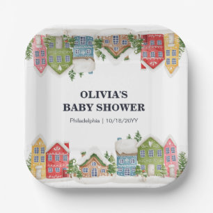 Baby Shower Winter snowy village Paper Plate
