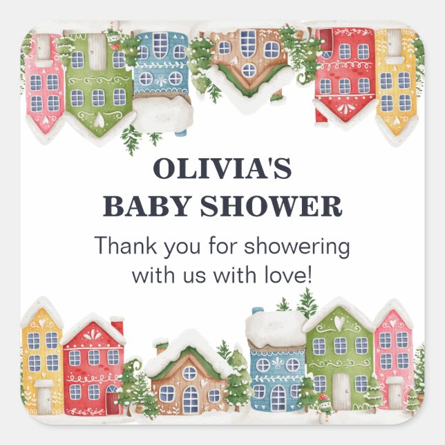 Baby Shower Winter snowy village Square Sticker (Front)