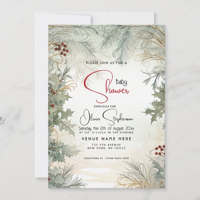 Baby Shower- Winter Watercolor Botanical  Invitation (Front)