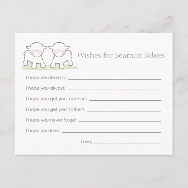 Baby Shower Wish Card - Twin Little Lambs (Front)