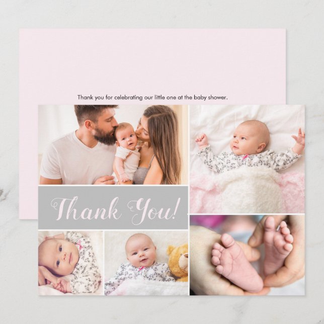 Baby shower with baby Photo Collage Pink Grey  Thank You Card (Front/Back)