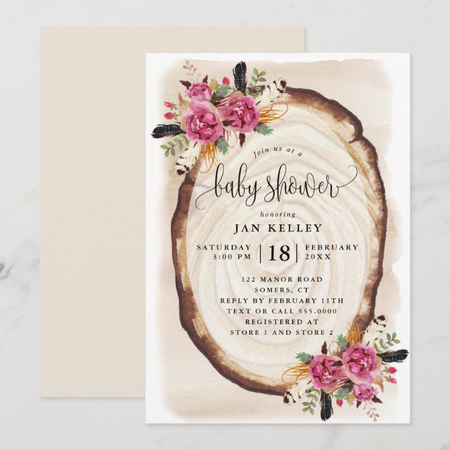 Baby Shower, Wood Slice Pink Floral Invitation (Front/Back)