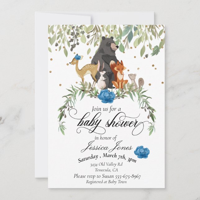 Baby Shower Woodland Animals Floral Blue Boy Invitation (Front)