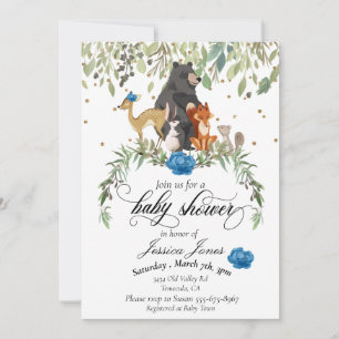 Baby Shower Woodland Animals Floral Blue Boy Invitation