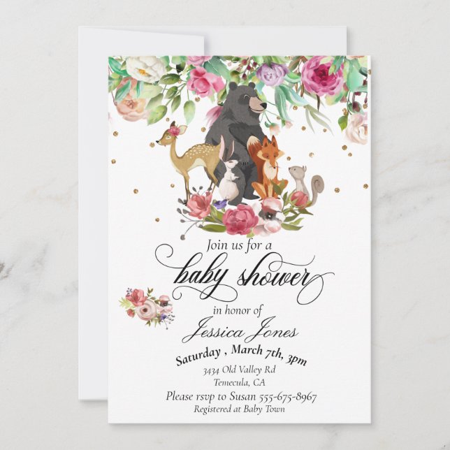 Baby Shower Woodland Animals Floral Pink Girl Invitation (Front)