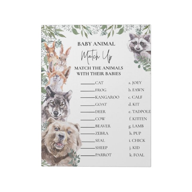 Baby Shower Woodland Animals Match Up Game Notepad (Rotated)