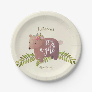 baby shower woodland bear it's a girl paper plate