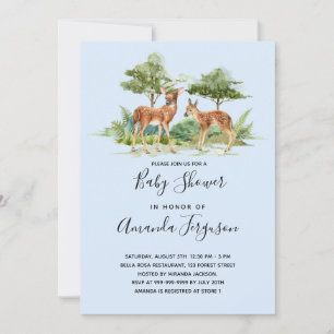 Baby shower woodland forest animals deer blue invitation