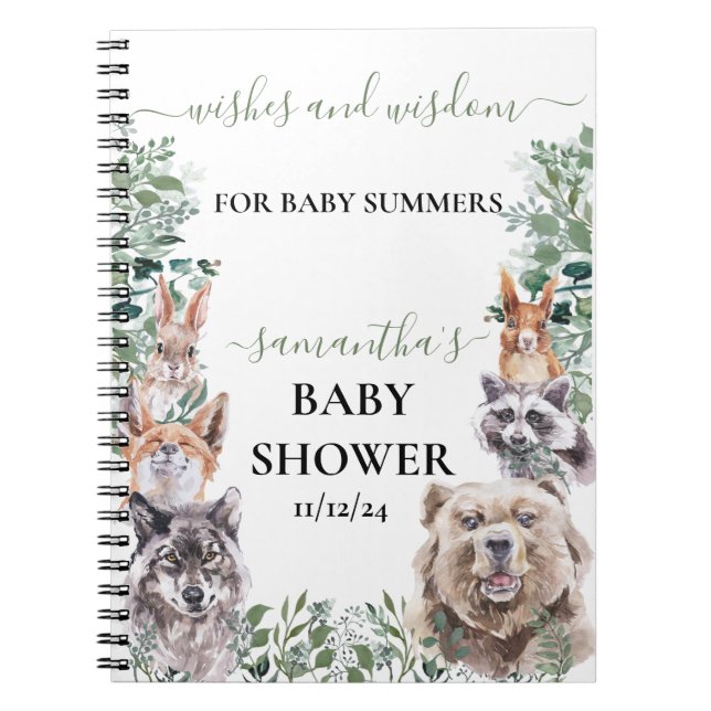 Baby Shower Woodland Forest Animals Wishes Wisdom  Notebook (Front)