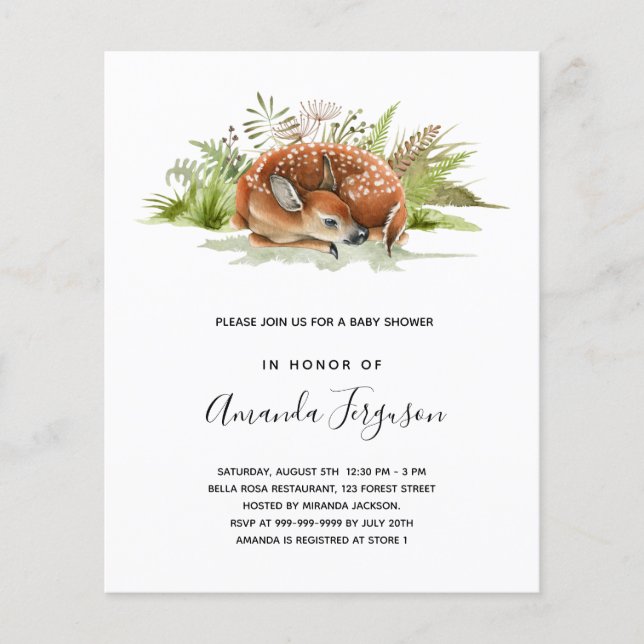 Baby shower woodland forest deer budget invitation (Front)