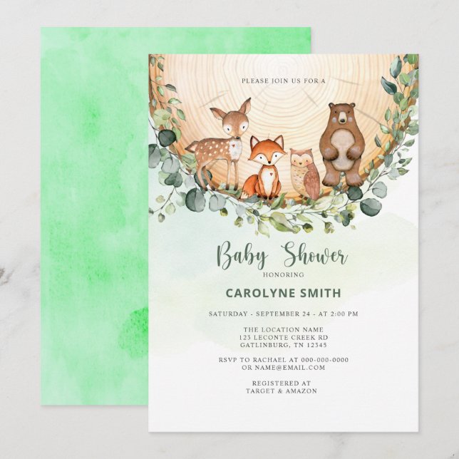 Baby Shower Woodland Forest Greenery Wild Animals Invitation (Front/Back)