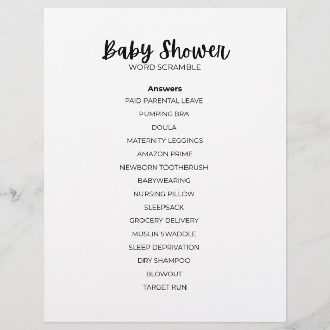 Baby Shower Word Scramble Answer Sheet Custom Letterhead (Front)