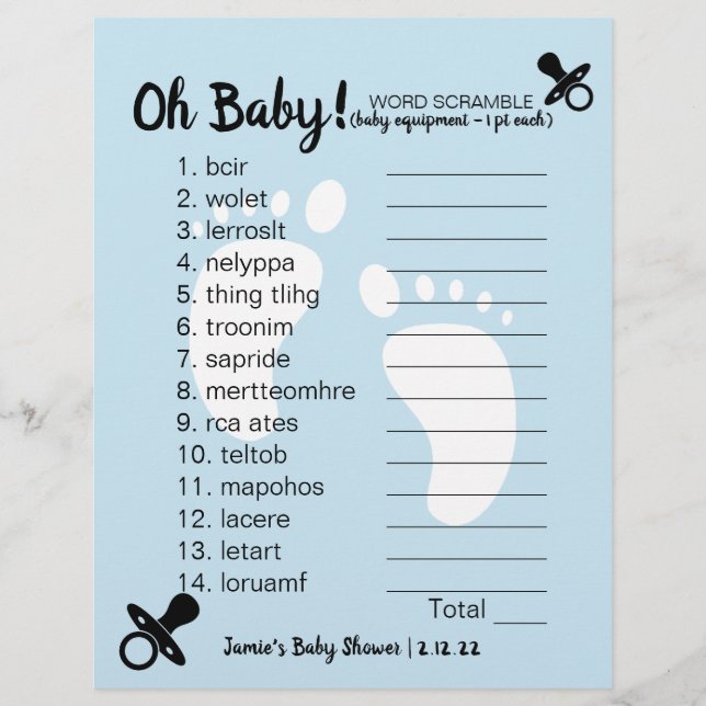 Baby Shower Word Scramble Blue (Front)