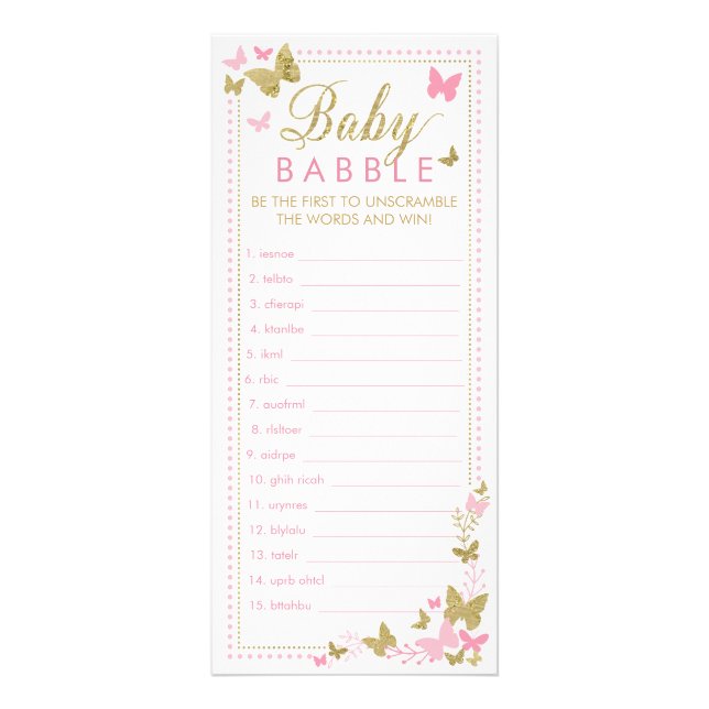 Baby Shower Word Scramble Game, Butterflies Rack Card (Front)