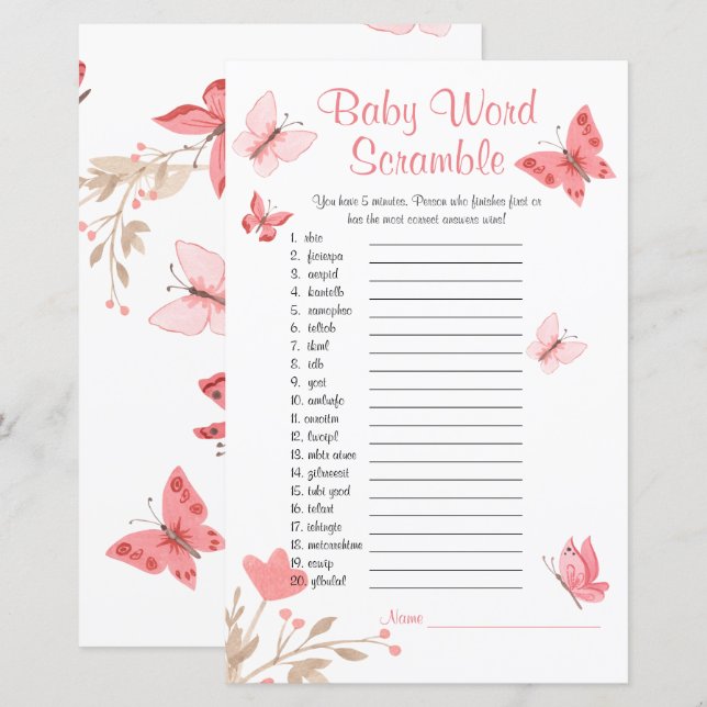 Baby Shower Word Scramble Game  Pink Butterflies (Front/Back)
