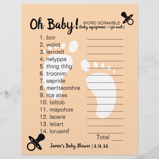Baby Shower Word Scramble Peach (Front)