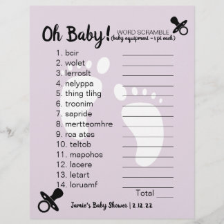 Baby Shower Word Scramble Purple