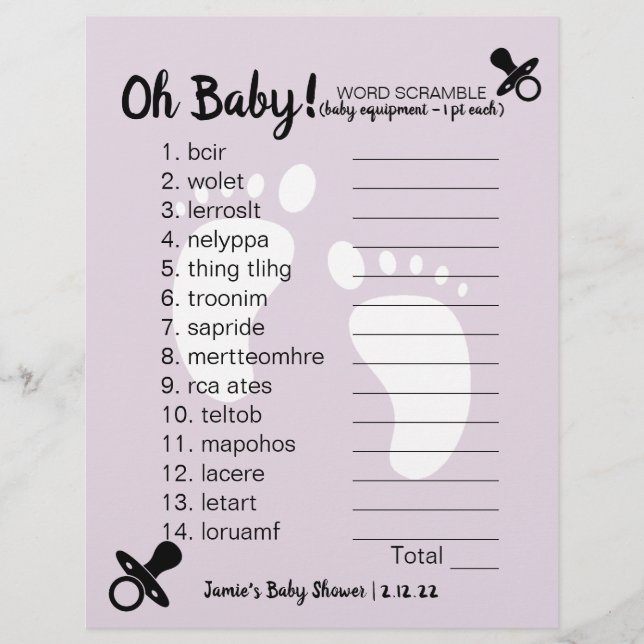 Baby Shower Word Scramble Purple (Front)