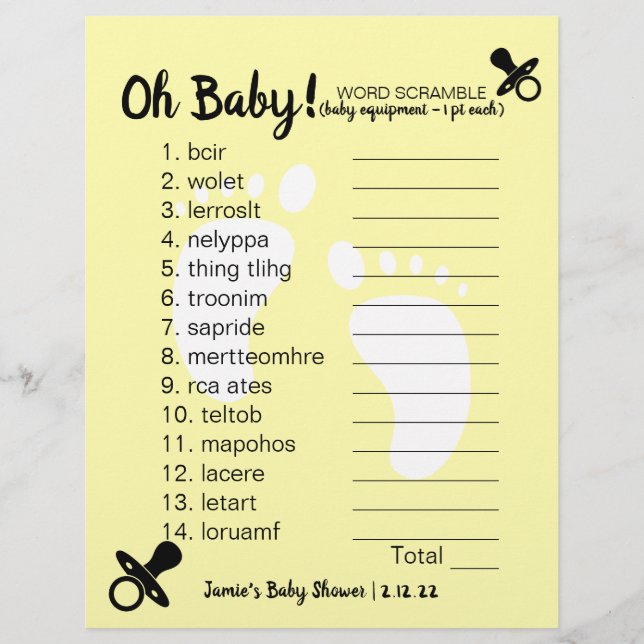 Baby Shower Word Scramble Yellow (Front)