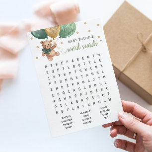 Baby Shower Word Search Game Teddy Bear Blue Card