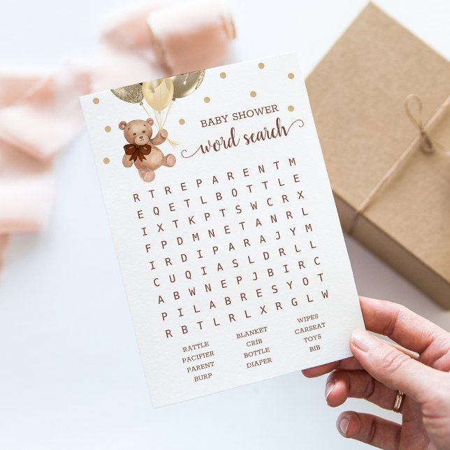 Baby Shower Word Search Game Teddy Bear Brown Card (Creator Uploaded)