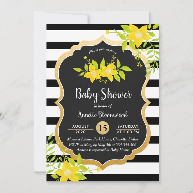 Baby Shower | Yellow Floral | Elegant Stripes Invitation (Front)