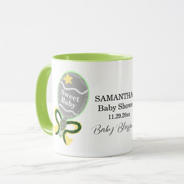 Baby Shower Yellow Green Rattle Name Mug (Front Left)