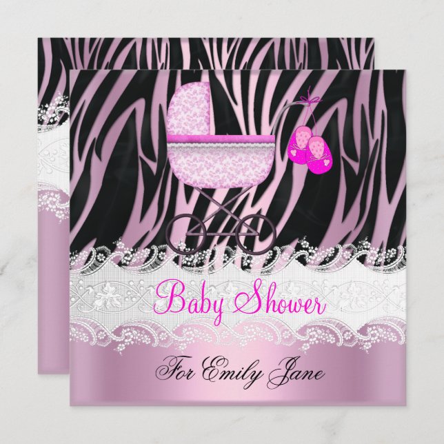 Baby Shower Zebra Pink White Baby Girl Invitation (Front/Back)