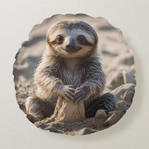 Baby Sloth Building Sand Castles, Round Cushion