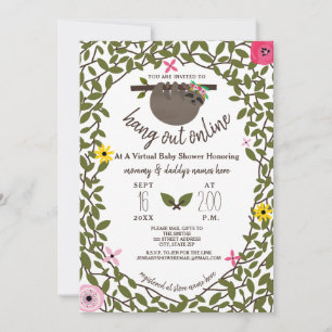 Baby Sloth Floral Virtual Online Girl Baby Shower Invitation