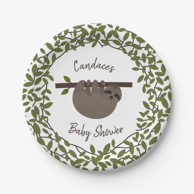 Baby Sloth Greenery Baby Shower Paper Plate (Front)