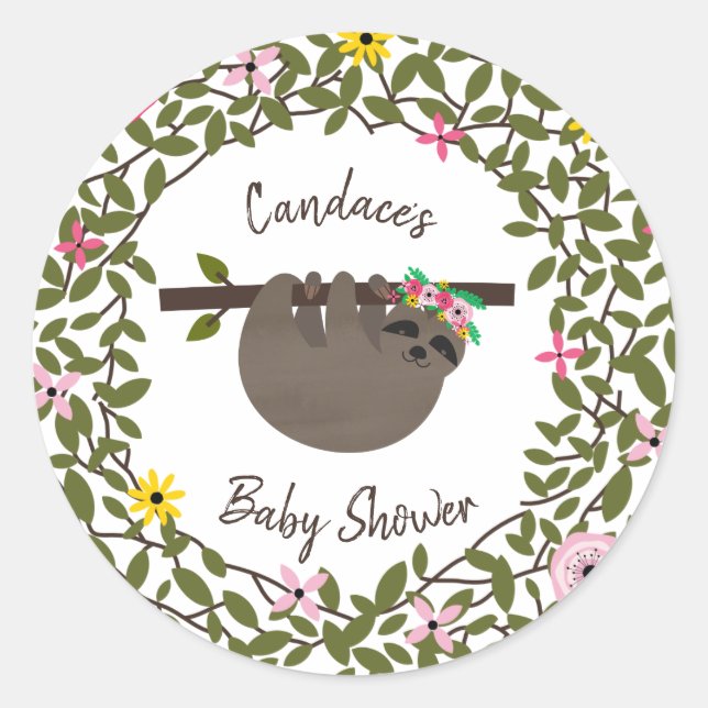 Baby Sloth Greenery Floral Baby Shower Classic Round Sticker (Front)