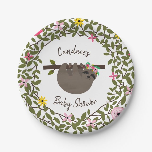 Baby Sloth Greenery Floral Baby Shower Paper Plate (Front)