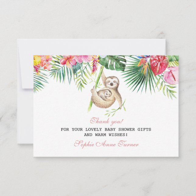Baby Sloth Tropical Floral Baby Shower Thank You Card (Front)