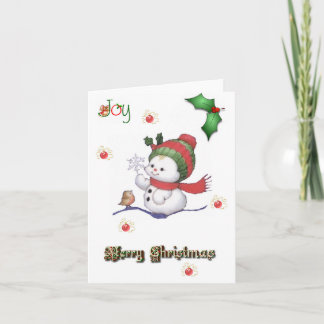 baby snowman talking to a baby bird christmas card