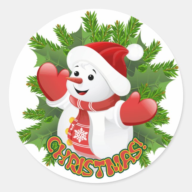 Baby Snowman with Crystal Snowflakes Ornament Classic Round Sticker (Front)
