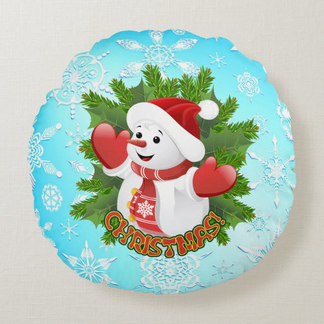 Baby Snowman with Crystal Snowflakes Ornament Round Cushion (Front)