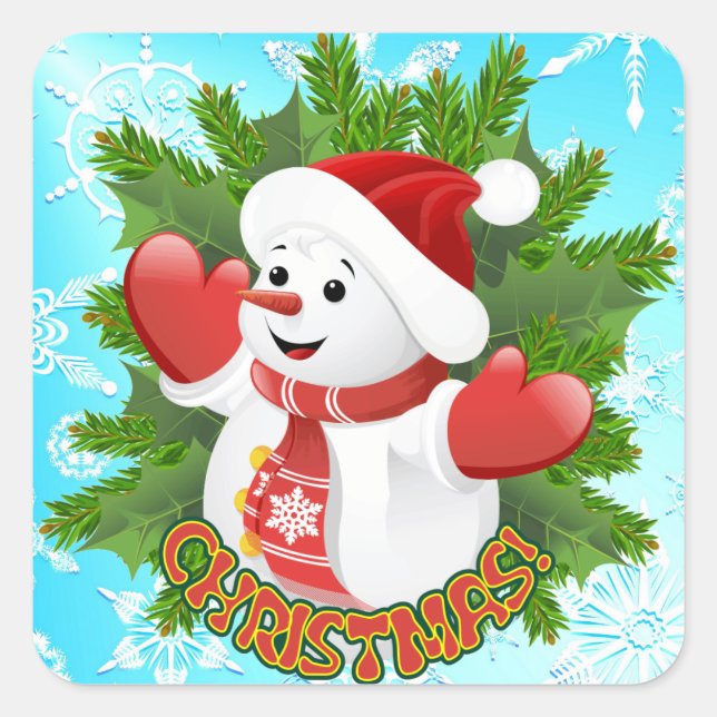 Baby Snowman with Crystal Snowflakes Ornament Square Sticker (Front)