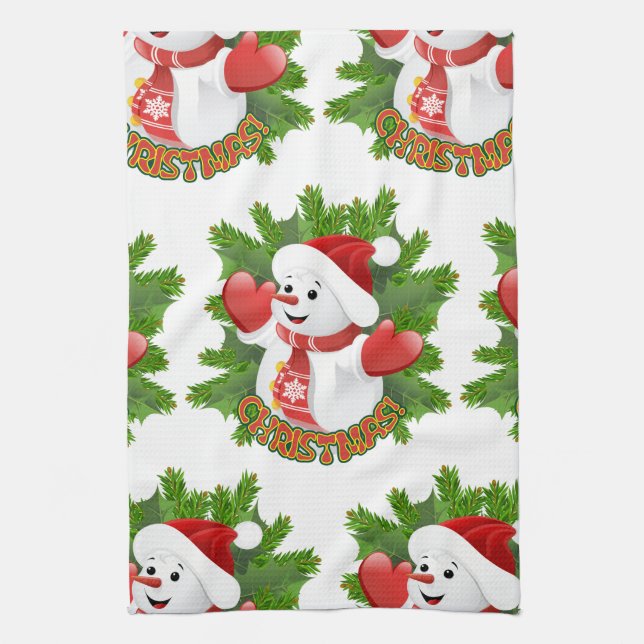 Baby Snowman with Crystal Snowflakes Ornament Tea Towel (Vertical)