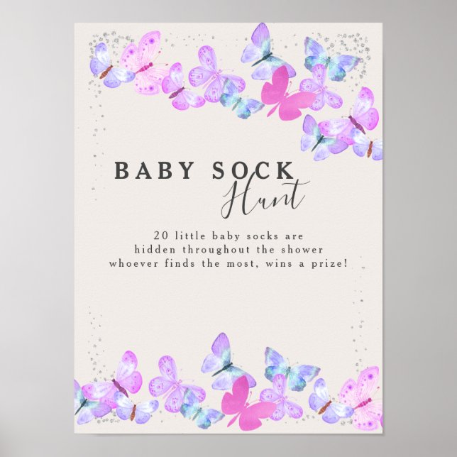 Baby Sock Hunt Butterfly Skies Baby Shower Game Poster (Front)
